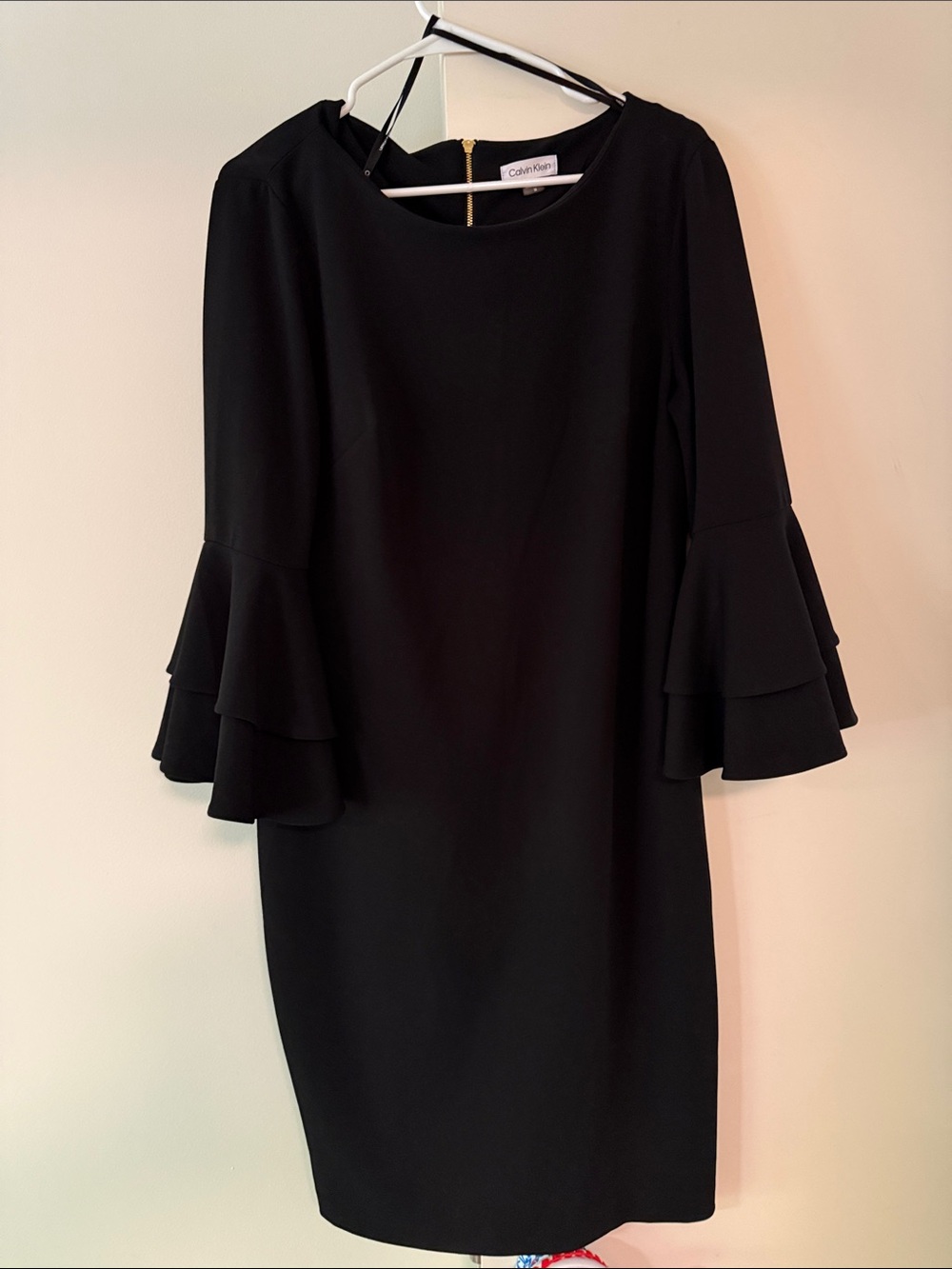 Calvin Klein Black Long-Sleeve Sheath Dress with Tiered Ruffle Sleeves